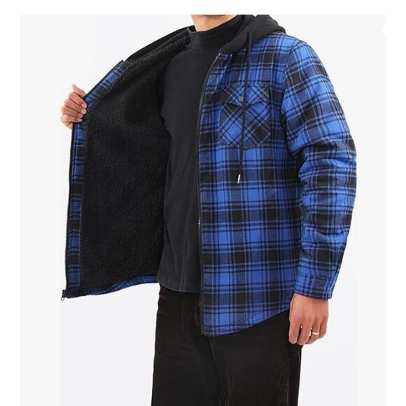 SIZE SMALL Men's Sherpa Lined Full Zip Hooded Plaid Shirt Jacket - Picture 4 of 6